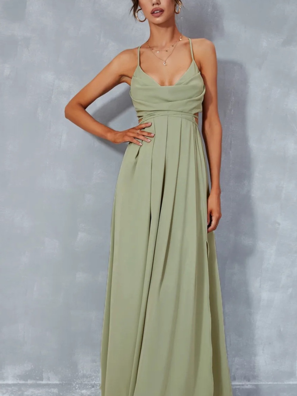 NWT JJ’s House Sage Green Cowl Neck Lace-Up Maxi Dress Bridesmaid Size L